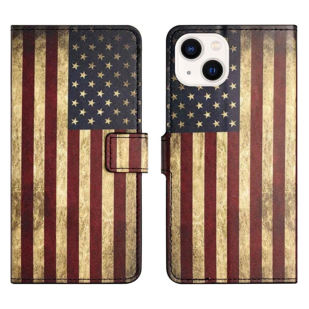 Cover-Discount iPhone 14 - Leder Etui Hülle USA Amerika Flagge (Apple iPhone 14) (660107194J)