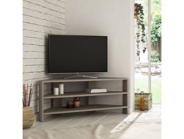Meuble TV dangle Banc TV en bois MDF mélaminé moka clair largeur 114 cm avec étagères style moderne