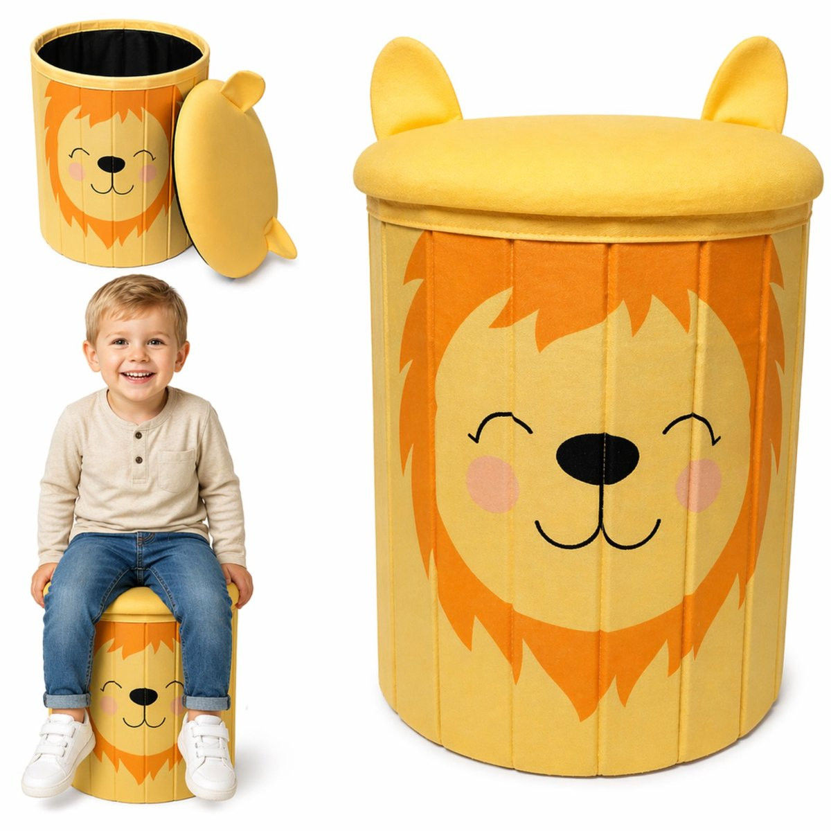 Luxaliving Kinderpoef Leeuw met Opbergruimte – Geel – B/D/H: 28 x 28 x 34 cm