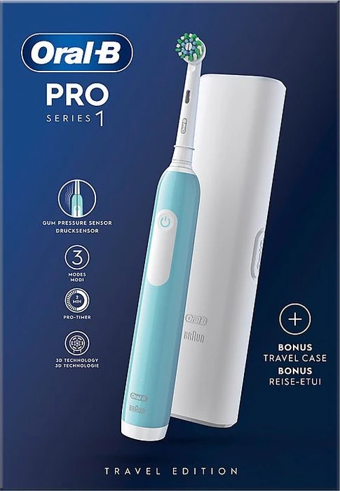 Oral-B Pro 1 Cross Action Caribbean Blue mit Reiseetui, Elektrische Zahnbürste (blau)