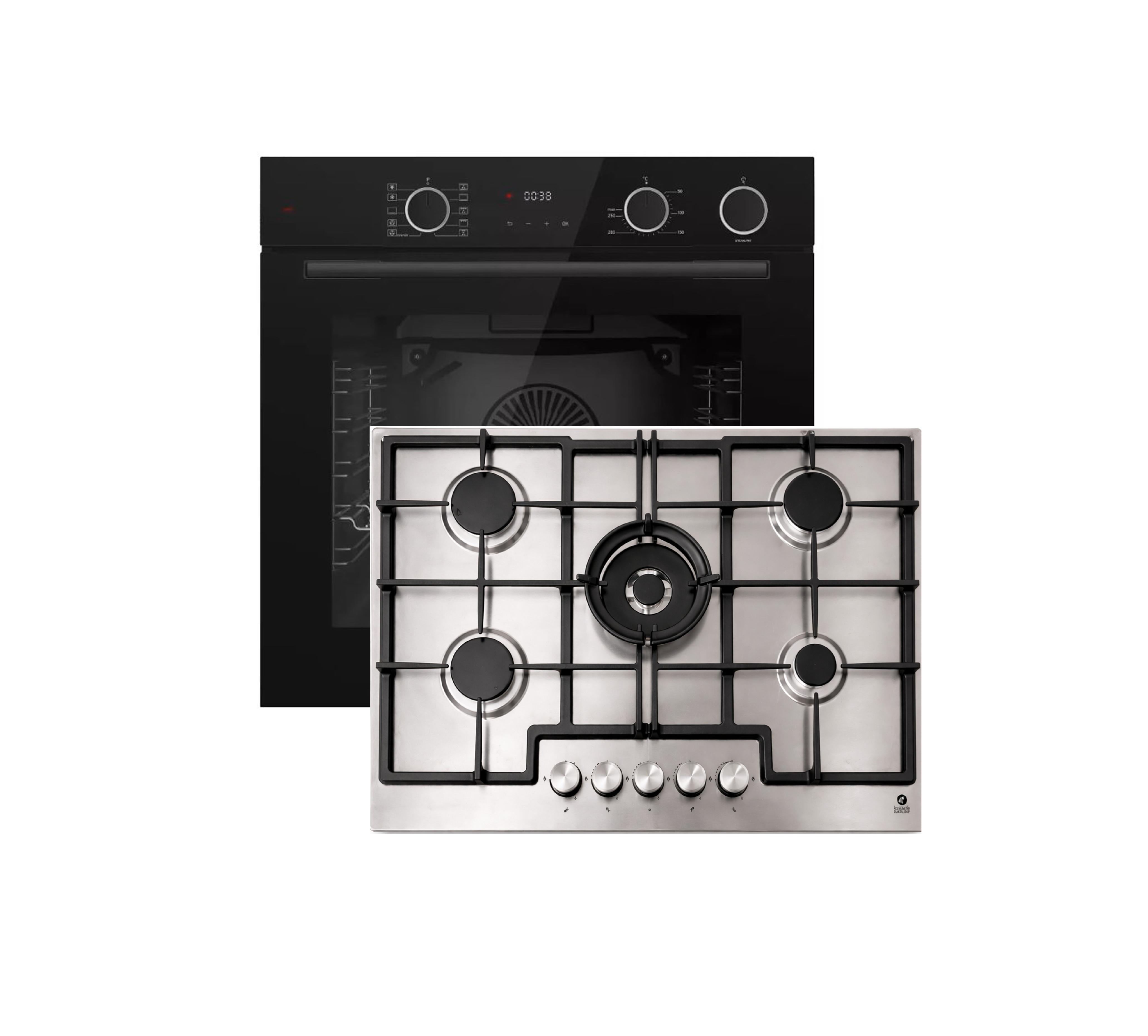 Böhme Einbaubackofen HB60F78DL Schwarz Glas mit Heißluft AirFry sowie Dampfunterstützung+Gasline GAG75INX Gaskochfeld 75cm Edelstahl mit 5 Brennern