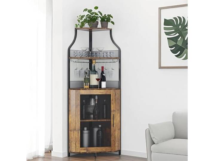 Thaookte Eck-Weinschrank - Industrieller Eck-Hausbar Abschließbar 5-Fach abschließbares Weinregal mit Glasablage & LED-Beleuchtung. Industrielles Design aus Holz & Metall. Perfekt für