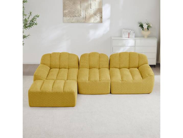 Canapé modulable d'angle jaune en fleece granulé avec ottoman