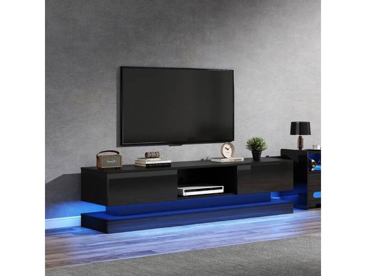 Meuble TV Noir brillant avec éclairage LED Meuble TV moderne avec 2 tiroirs+1 compartiment ouvert-Meuble TV pour salon 160x35x40 5cm