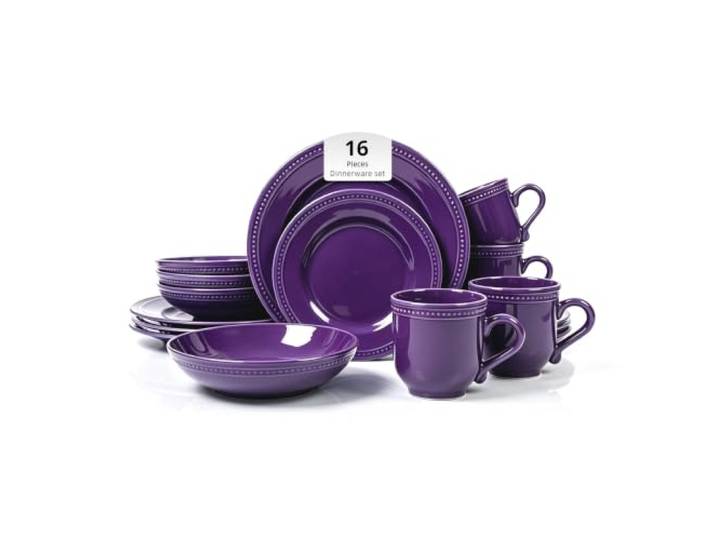 HomeVSS Tafelservice, 16-teiliges Steingut-Set für 4, Teller und Schüsseln, Set mit Tasse, spülmaschinen- & mikrowellengeeignet, splitter- und kratzfest, Serie Pearl Dot, Lila