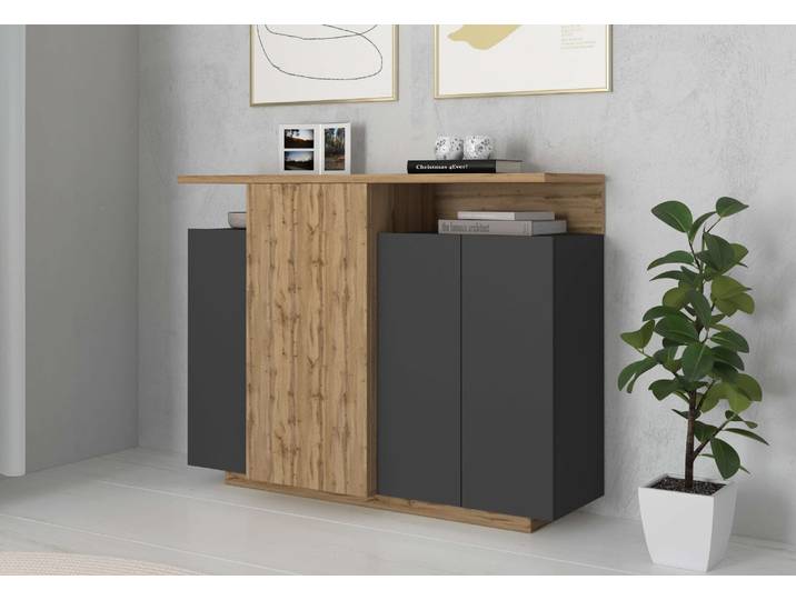 Highboard GOODPRODUCT Highboard ETHOS, Kommode, Schrank, Kredenz , grau (eiche wotan, anthrazit matt), B:130cm H:100cm T:40cm, Sideboards, Highboard, Mit 4 Drehtüren, 9 Innenfächern und 2 Aussenfächern, B.130 cm