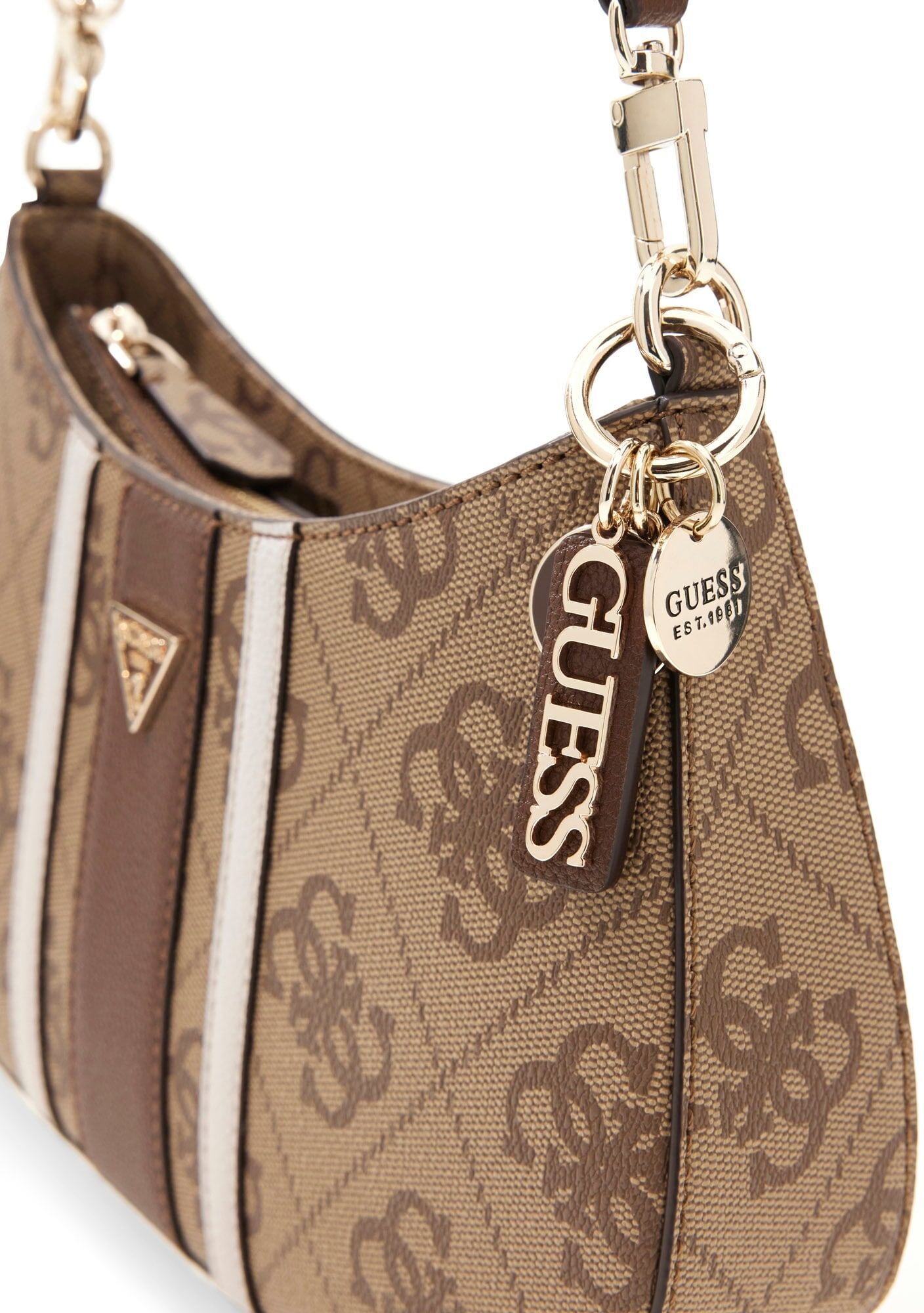 Schultertasche GUESS "NOELLE II TOP ZIP SHOULDER BAG", Damen, Gr. B/H/T: 29cm x 18cm x 6cm, latte logo, braun, Lederimitat, Taschen Schultertasche, Damen Umhängetasche, Handtasche mit GUESS-Logo-Schmuckelement latte logo, braun B/H/T: 29cm x 18cm x 6cm
