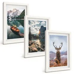 BILDER SET 3er Set - 20x30 cm Weißer Rahmen - Bergsee, Bootsfahrt, Sonnenuntergang, Hirsche
