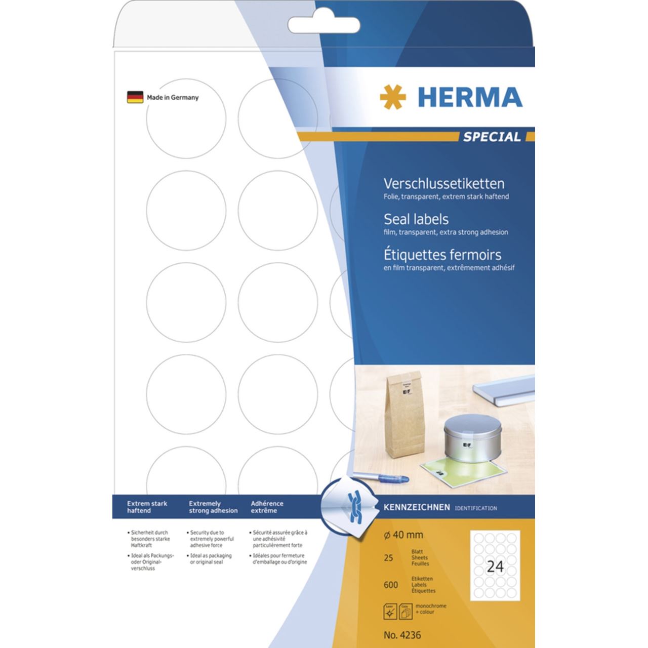 Herma 4236 transparent Verschlussetiketten 4x4 cm (25 Blatt (600 Etiketten))