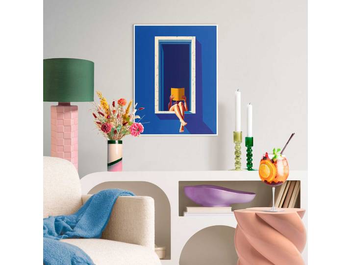 Bild mit Rahmen REINDERS Lesen am Fenster , farbe bild(er): blau, Bilder, B/H/T: 30cm x 40cm x 1,6cm, Menschen, 1 Stk., MDF, Bild mit Rahmen, Wohnzimmer - Blau - MDF - Menschen - 30x40 cm, B:30cm H:40cm T:1,6cm