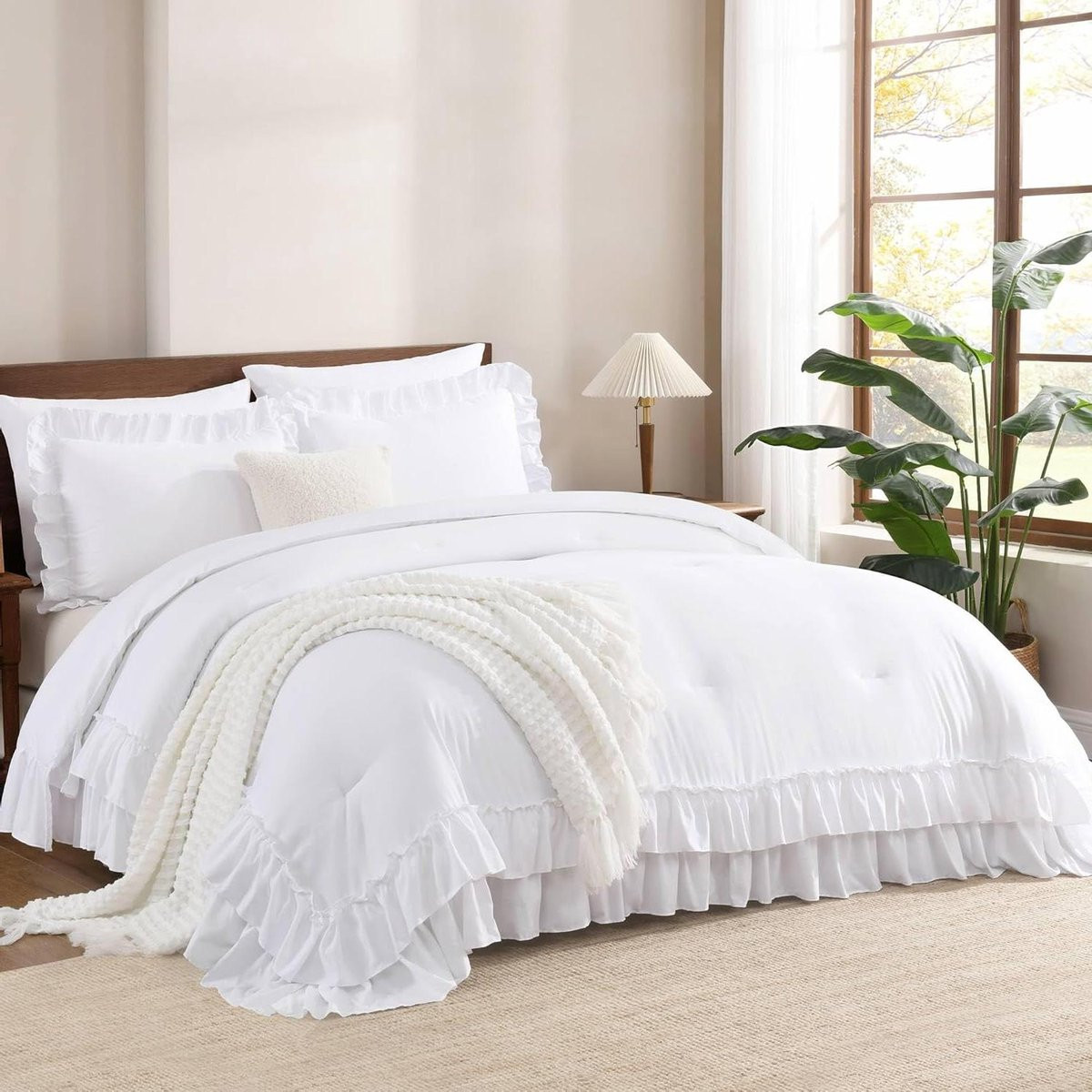 Wit 3-delig Dekbedset met ruches voor Queen bed