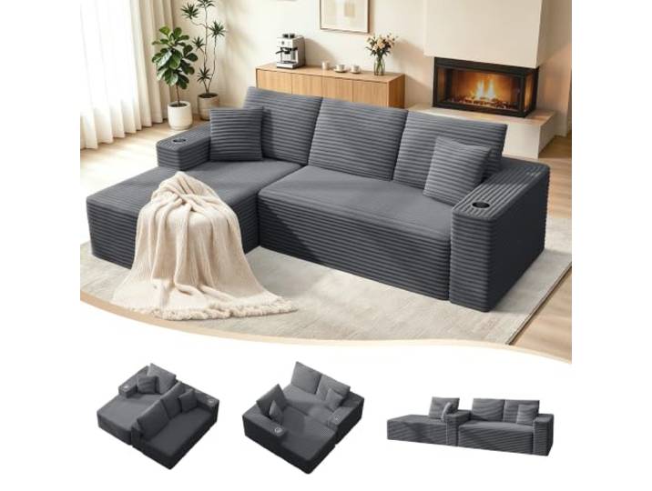 Quantaglide Ecksofa 261cm Modulares Sofa, 3-Sitzer Boneless Cloud Couch L-förmiges Schlafsofa mit Chaiselongue, Couch Sofa für Wohnzimmer Schlafzimmer, Keine Montage Erforderlich, Dunkelgrau