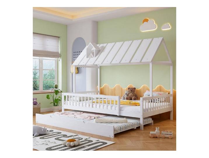 LuxusKollektion Hausbett Hausbett mit Rollbett Dach Kaminleiste 120x200cm Weiß