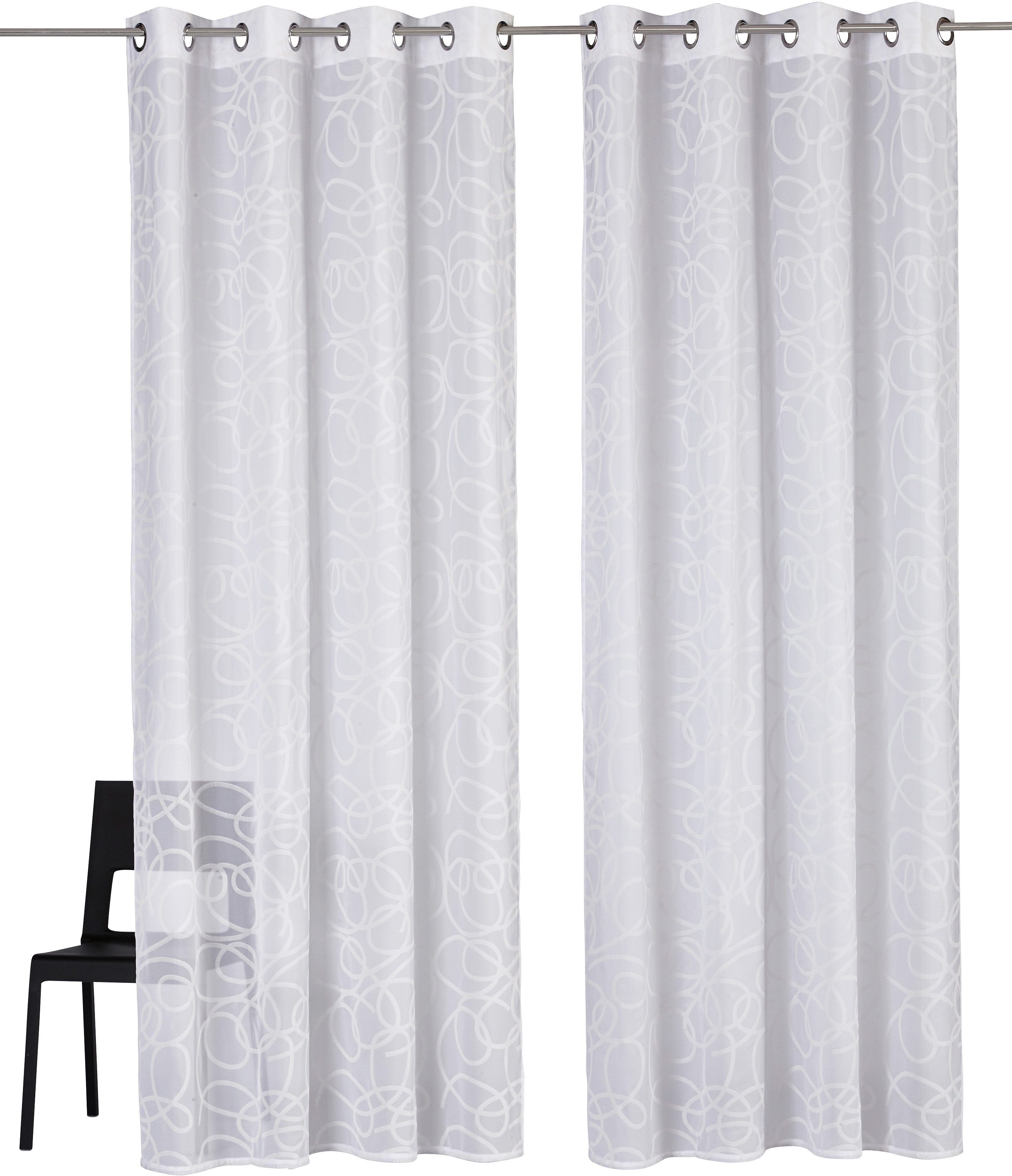 Gardine GOODPRODUCT "Tanaro, 2er-Set, Ösen, transparent, Schlingen-Motiv" Gr. 3, weiss (weiß), B:140cm H:225cm, Voile, Polyester, Gardinen, Gardine, 2-er Set, mit Schlingen-Motiv bedruckt, Polyester weiß 225cm, Ösen, 140cm