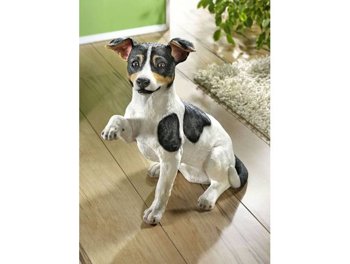 Jack Russel aus Polyresin, von Hand bemalt, Weiss-Schwarz-Braun