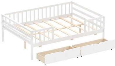 Costway Full Size Daybed with Fence and 2 Drawers for Boys and Girls-White