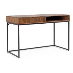 Schreibtisch Tadita aus Mangoholz, modernes Design, braun, 120 cm, Metallgestell, mit Schublade