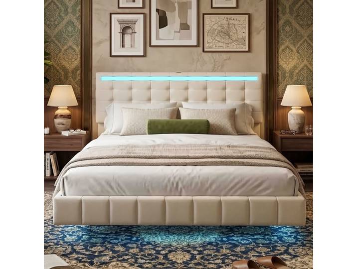 Lit Suspendu 160x200cm - Design Flottant Moderne - LED RGB avec Télécommande - Lin Respirant - Beige