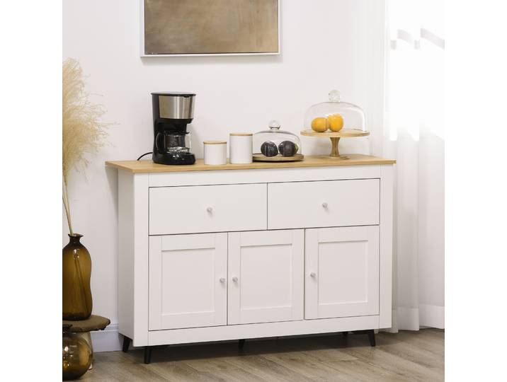 HOMCOM Buffet Cuisine 2 Tiroirs 3 Portes 117x35x80 cm Blanc
