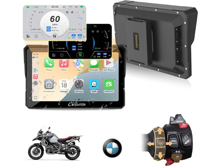 [Offres d'été - avec livraison le lendemain] Écran CARPURIDE W702BS Pro Carplay pour moto avec molette native Wonder Wheel pour moto BMW, CarPlay &amp; Android Auto sans fil, Écran tactile imperméable 7 , Double Bluetooth, Fonction interphone, Lecture de donn