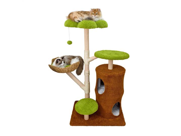 Arbre à chat multi-niveaux pour foyers multi-chats, centre d'activités intérieur vert pour chats avec perchoir floral et panier en osier