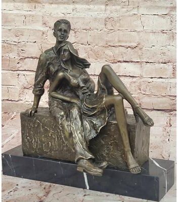 Bronzhaus Relaxed Couple Bronze Sculpture – Intimate Sitting Lovers Figurine On Marble Base