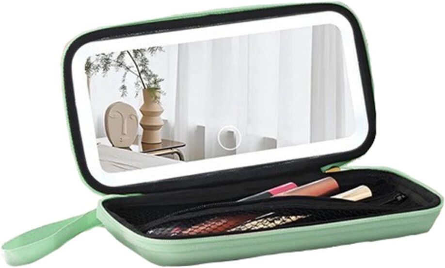 INF LED-Make-up-Spiegel-Tasche – Beleuchtete Reise-Kosmetiktasche mit stufenlos dimmbarer Touch-LED und Reißverschluss Grün