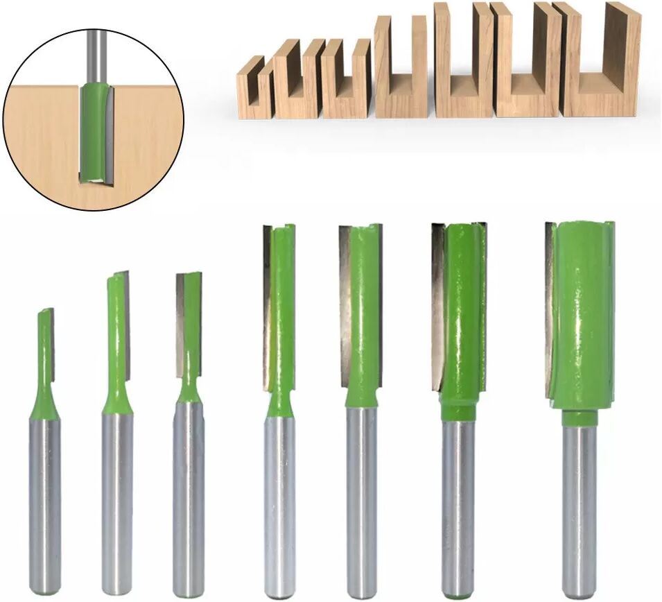 INF Ensemble de 7 fraises droites vertes - Outils de menuiserie en carbure de tungstène