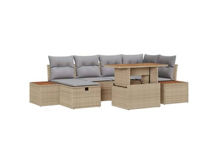 KTHLBRH Gartenmöbel-Set, 7-teilig, aus Polyrattan, Beige Modulare Sessel, verstellbarer Tisch, Tischplatte aus Akazie, Kissen aus Polyester, Aufbewahrungsfächer