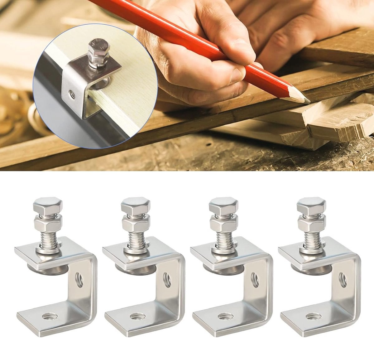 Set van 4 heavy duty C-klemmen van roestvrij staal met bevestigingsmogelijkheid