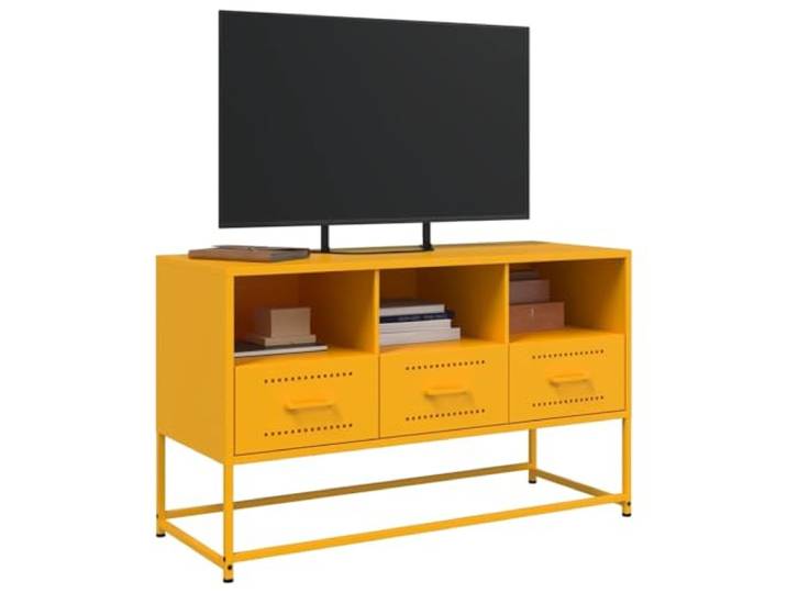 KGFHERENB TV-Schrank Senfgelb 100,5x39x60,5 cm Stahl Lowboard Industrieller TV-Tisch mit 3 Fächern und 3 Schubladen für Wohnzimmer, pflegeleicht und inklusive Wandhalterung.