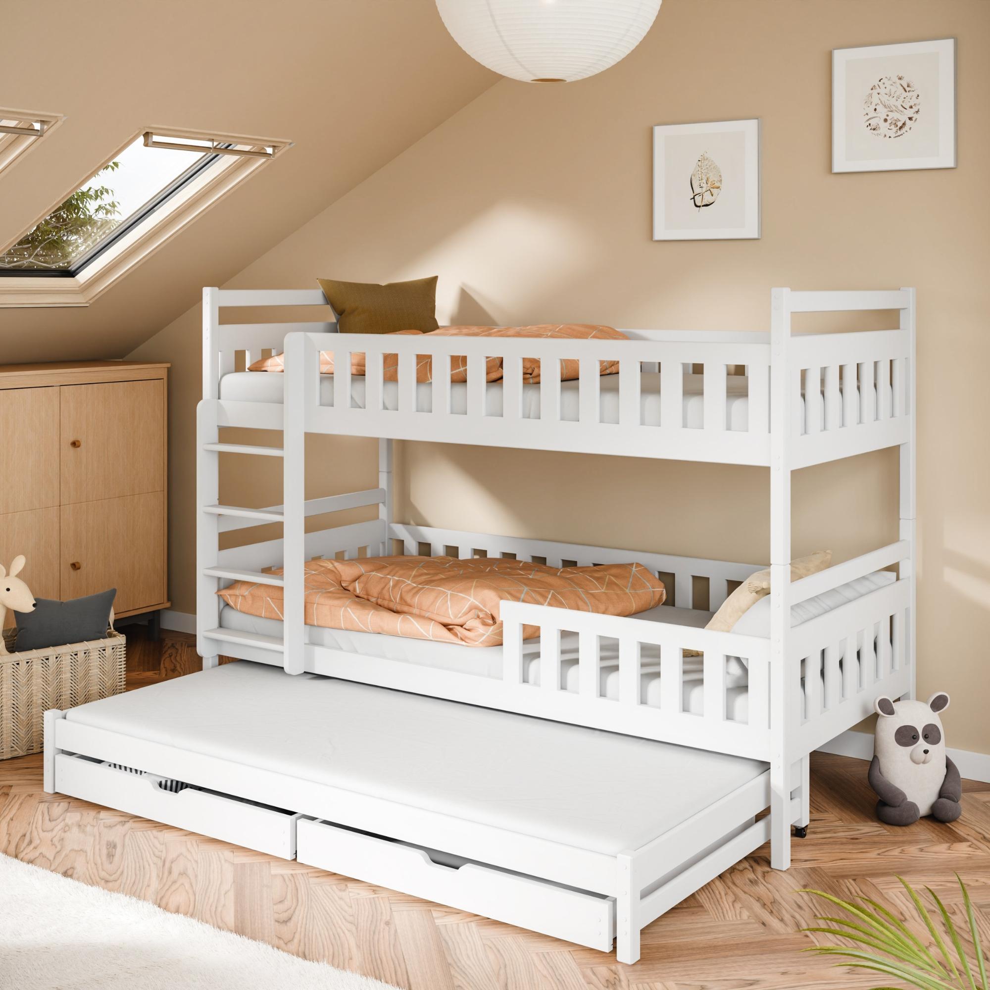 Kids Collective Etagenbett Hochbett Stockbett Kinderbett 90x200 cm mit Ausziehbett und Schubladen Umbaubar zu 3 Einzelbetten mit Lattenrosten & Rausfallschutz weiß