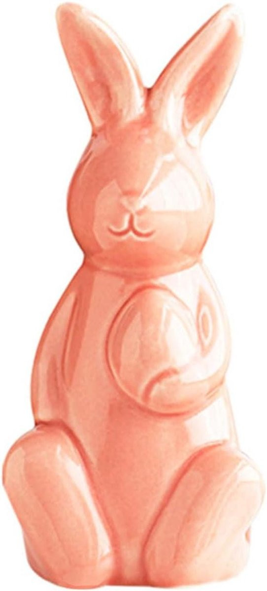 Handgeschilderd Porseleinen Konijn Beeldje - Roze Paasdecoratie - Hoogte: 13 cm