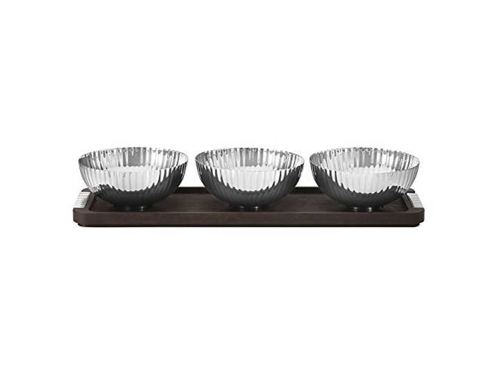 Georg Jensen Bernadotte Tripple Bowl Set In Stand Wood & Stainless Steel