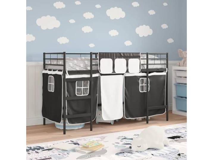 KTHLBRH Hochbett für Kinder, schwarz mit Zelt, Metall Struktur Loft 194 x 105 x 116 cm, Matratze 100 x 190 cm, atmungsaktives Netz, Kopfteil an der Wand