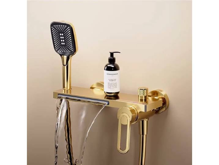 Robinet de baignoire doré mural, grande cascade et support de rangement, baignoire multifonctionnelle, douche à main pour salle de bain