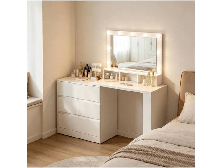 Coiffeuse avec miroir LED rectangulaire 6 tiroirs et rangements latéraux - ELVMI - blanche pour chambre