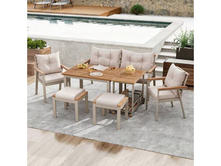 WOVREO Ensemble table et chaises de jardin 6 places en bois d'acacia métal desserte amovible à roulettes