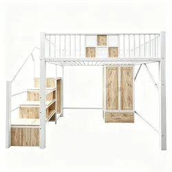 OKWISH Hochbett Metall und Holz Weiß 255x145,5x170 cm, Liegefläche 140x200 cm, mit Kleiderschrank, Schublade und Aufbewahrungsleiter