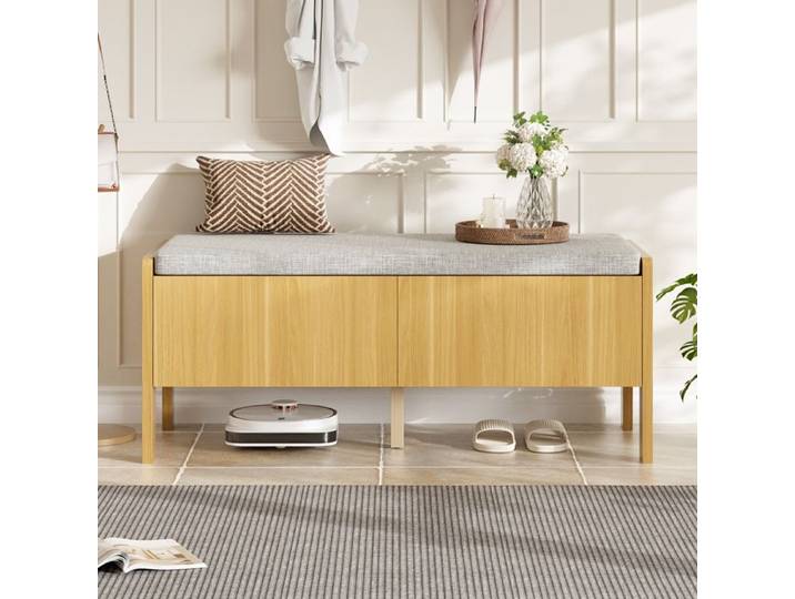 Banc de rangement en rotin - Dimensions 113x45 5x40 cm - Naturel et Gris - Bambou et MDF - Côtés en rotin - 2 tiroirs