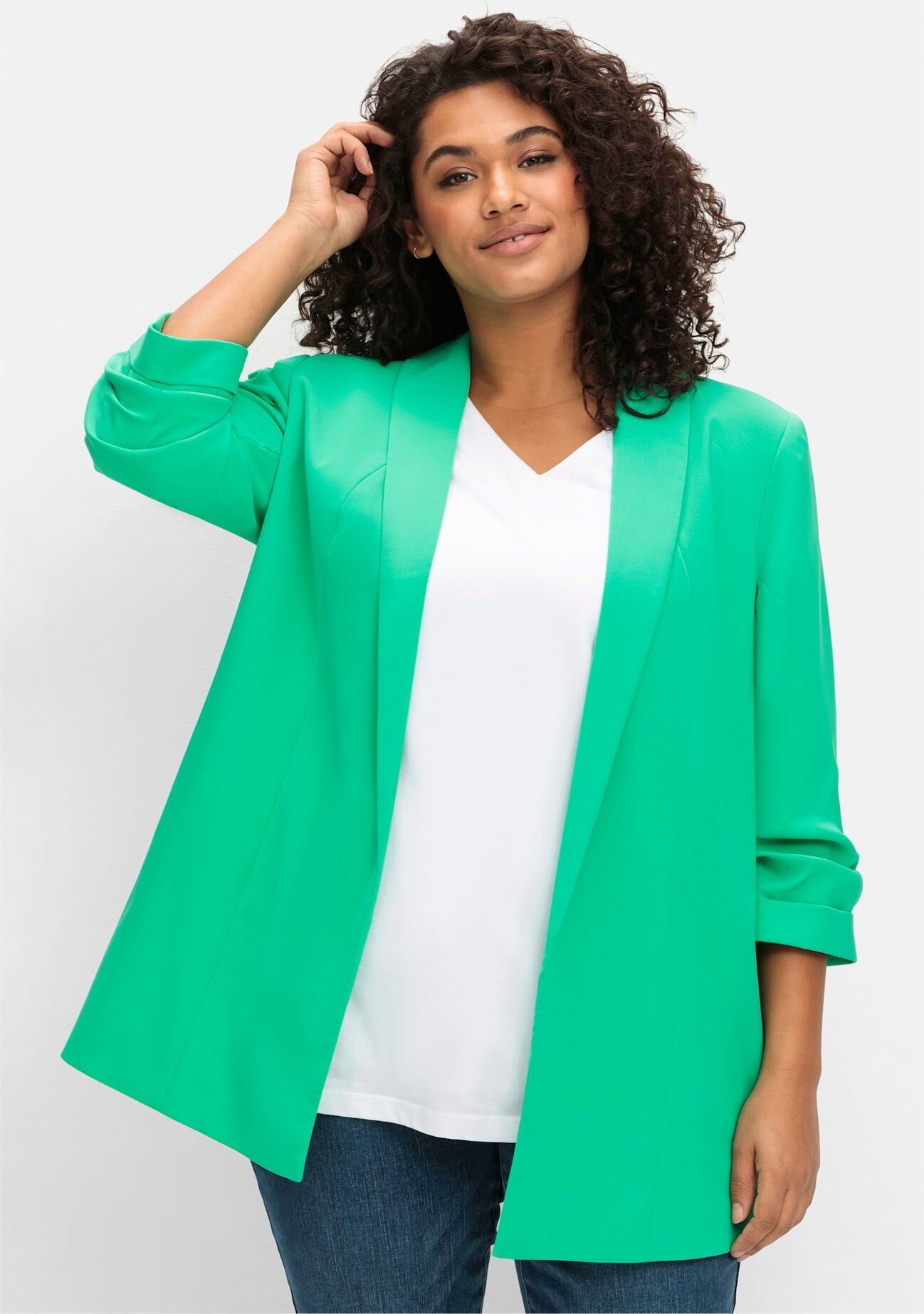 Longblazer SHEEGO "Longblazer", Damen, Gr. 48, grün (blattgrün), 100% Polyester, Blazer Longblazer blattgrün 48
