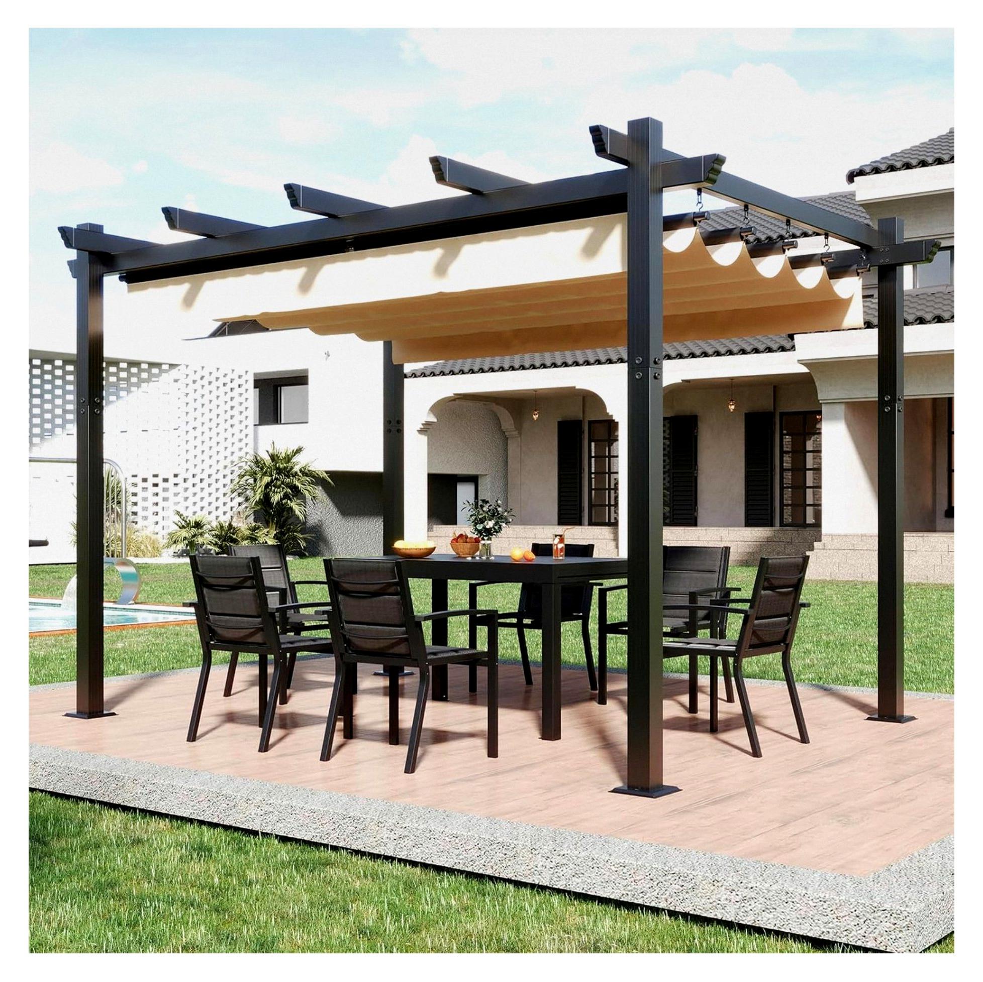 Aluminium-Pergola 3x4 mit Schiebedach, verstellbarem Schattenbereich, UV-Schutz 50+, wasserdichter Pavillon 3x4, stabil und winterfest, Grillpavillon aus Metall für Gärten und Terrassen, Beige.