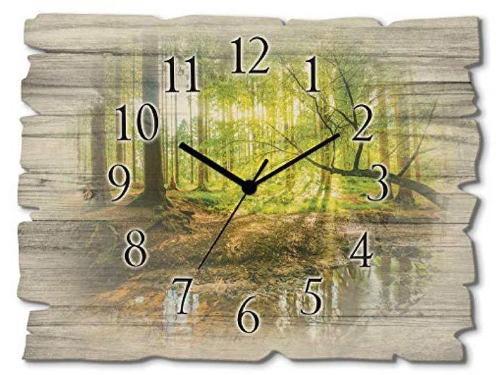 ARTLAND Wanddeko Wanduhr ohne Tickgeräusche aus Holz Funkuhr 40x30 cm Rechteckig Lautlos Wald Landschaft Bach Sonne Natur Design Originell Nordic T9IO