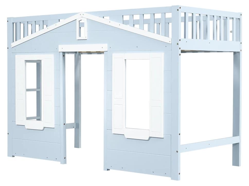 Hochbett - Kinderbett - Freiraum unter dem Bett - Fensterdesign - Sichere Leiter - Kiefer, MDF und Sperrholz - 90 x 200 cm