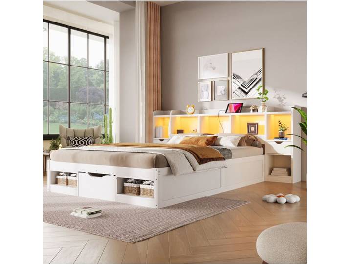 MEUBLIV Lit plateforme 140 x 200 cm avec rangement 3 tiroirs LED USB blanc