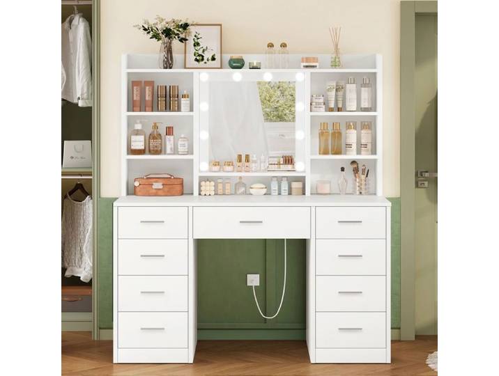 TEENFON Coiffeuse avec miroir et station de charge coiffeuse avec 9 tiroirs 6 étagères 107*40*144 cm blanc