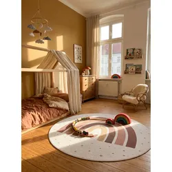 Kinderteppich Regenbogen mit Herz Creme 120x120 cm Waschbar
