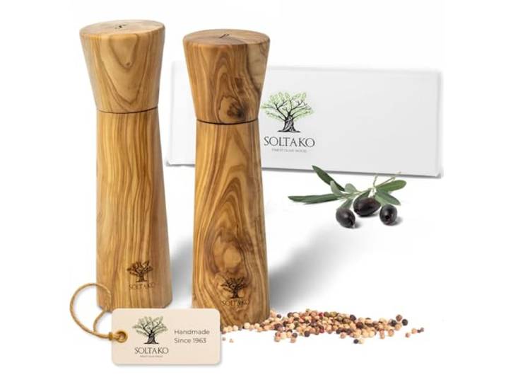 SOLTAKO Premium Salz- und Pfeffermühle aus Olivenholz - 2er Set Edles Mühlen-Set für Salz & Pfeffer - massive Gewürzmühlen aus Olivenholz, handgefertigt & einzigartig gemasert