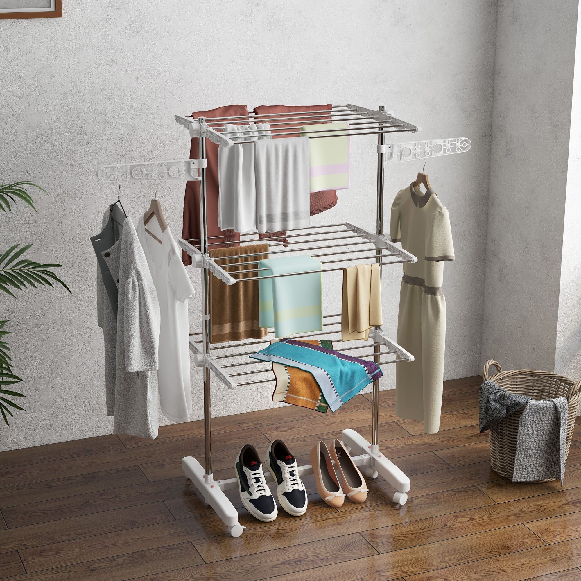 Altro Stendino Verticale Pieghevole In Acciaio E Plastica Con 6 Ruote E 3 Ripiani Regolabili, 142x55x172 cm