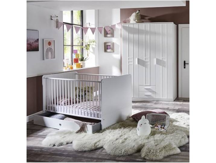 Lomadox Babyzimmer komplett Set 3-teilig mit Gitterbett Kleiderschrank, Bettschubkastenin weiß modern